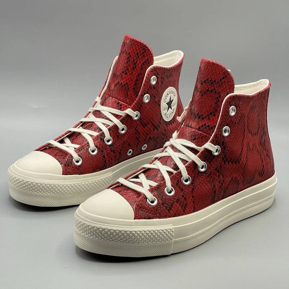 Converse Women's 6.5 Red Sneakers Hi Leather Platform Snakeskin A13392C Festive - Picture 2 of 13